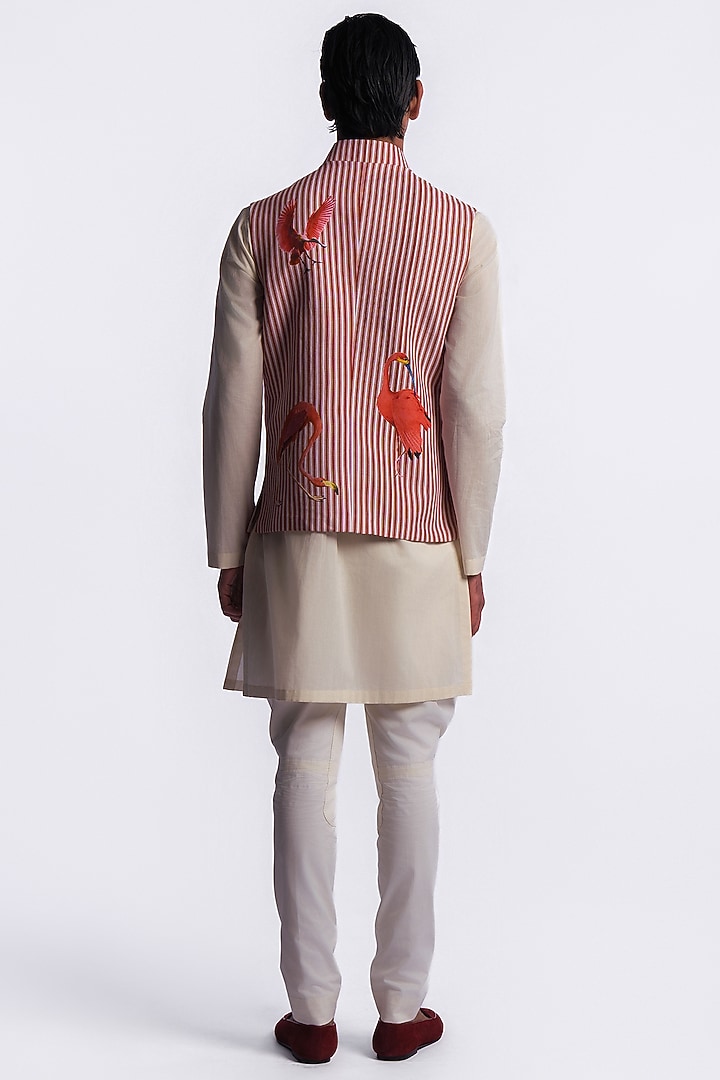 Red Linen Digital Printed & Machine Embroidered Bundi Jacket by Balance by Rohit Bal Men at Pernia's Pop Up Shop
