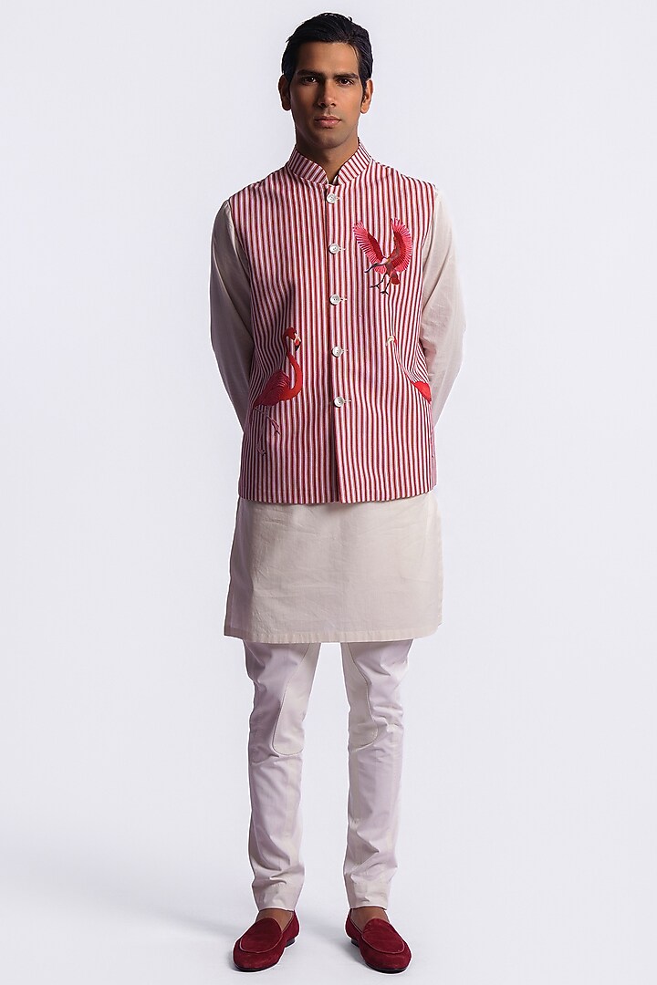 Red Linen Digital Printed & Machine Embroidered Bundi Jacket by Balance by Rohit Bal Men at Pernia's Pop Up Shop