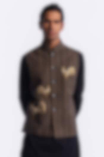 Brown Linen Digital Printed & Machine Embroidered Bundi Jacket by Balance by Rohit Bal Men at Pernia's Pop Up Shop
