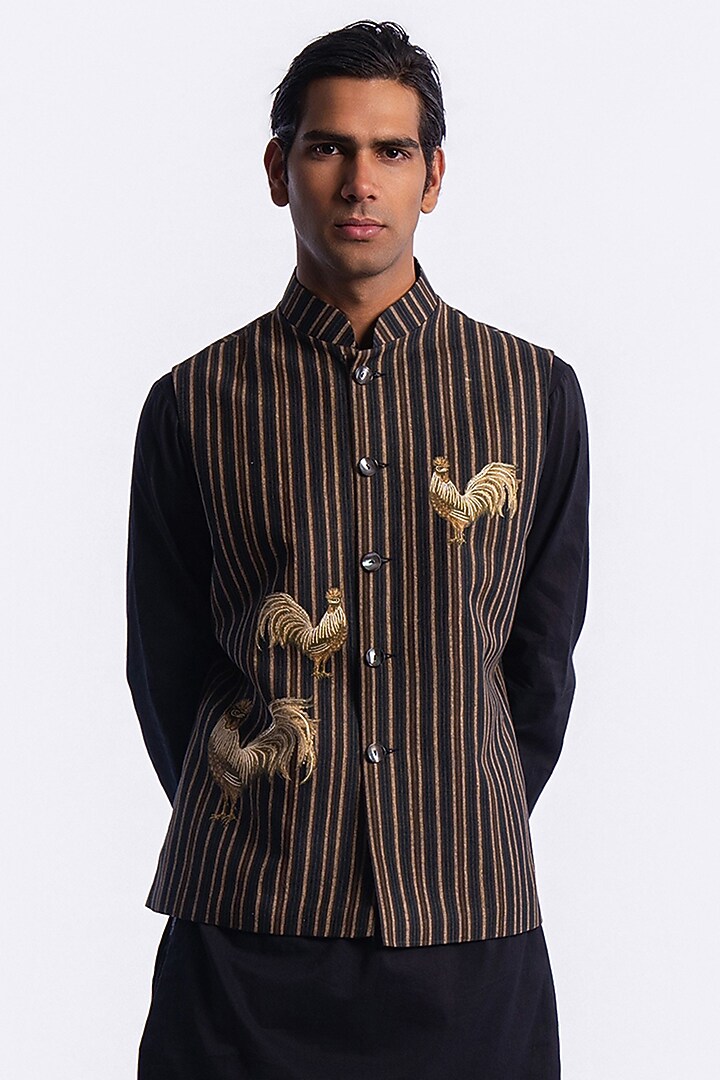 Brown Linen Digital Printed & Machine Embroidered Bundi Jacket by Balance by Rohit Bal Men at Pernia's Pop Up Shop