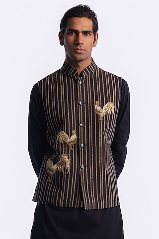 Brown Linen Digital Printed & Machine Embroidered Bundi Jacket by Balance by Rohit Bal Men