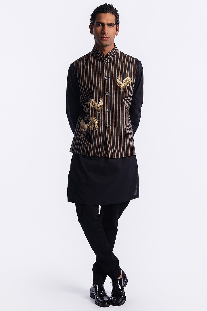 Brown Linen Digital Printed & Machine Embroidered Bundi Jacket by Balance by Rohit Bal Men at Pernia's Pop Up Shop