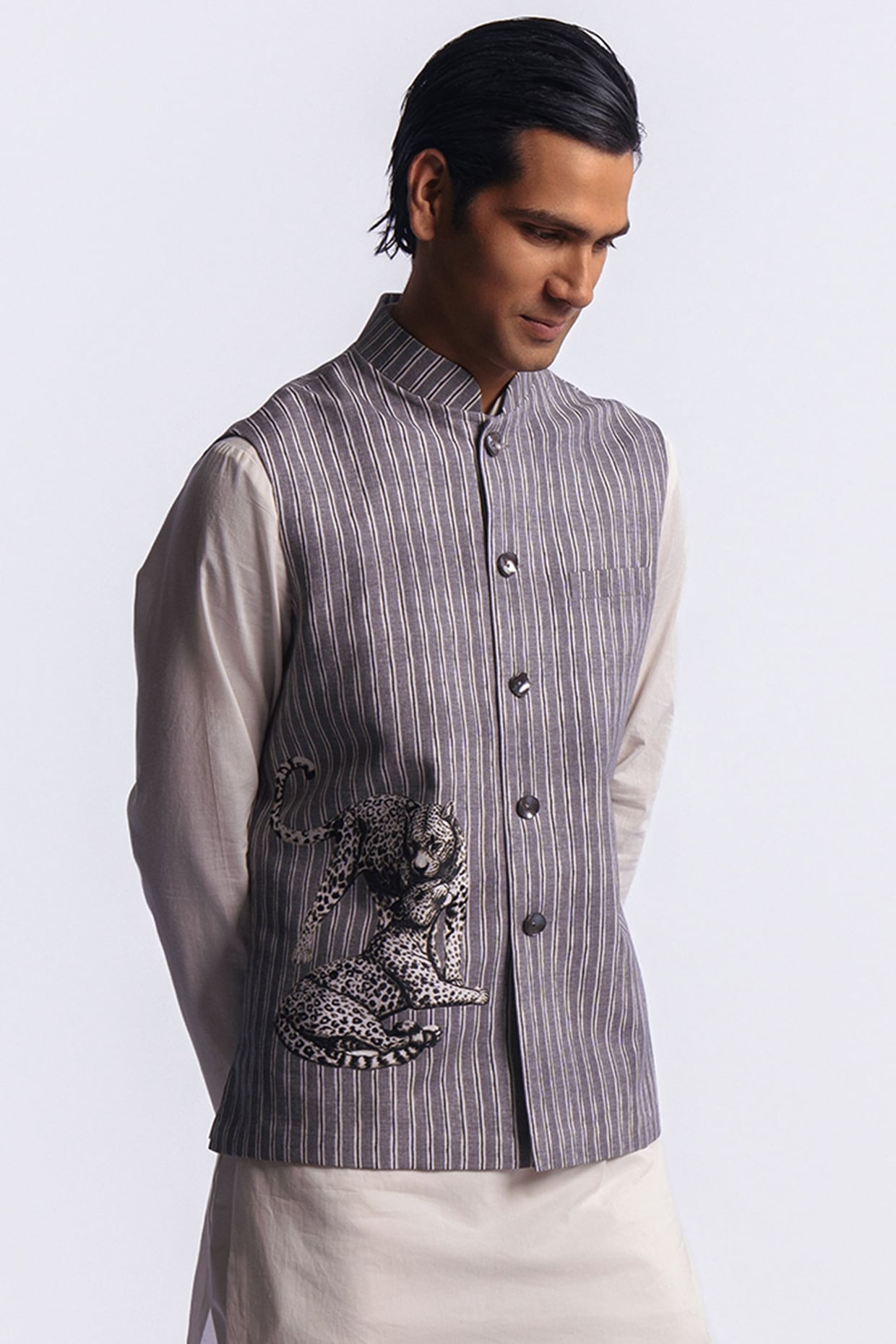 Balance by Rohit Bal Grey Linen Digital Printed & Machine Embroidered Bundi Jacket