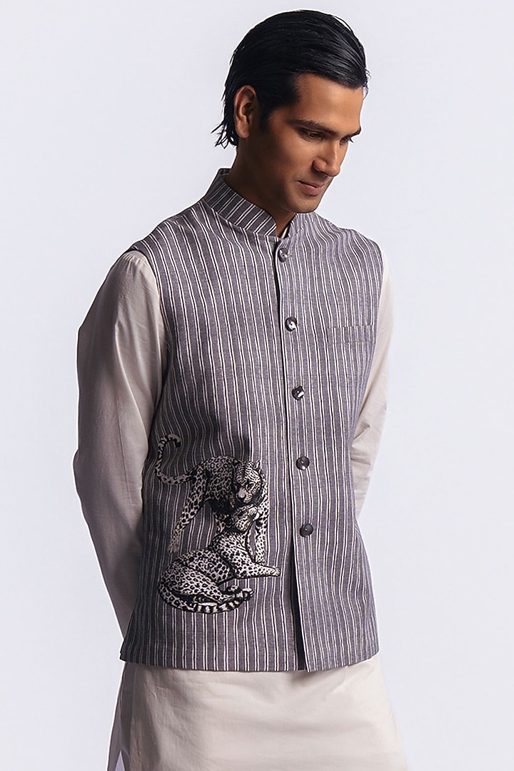 Grey Linen Digital Printed & Machine Embroidered Bundi Jacket by Balance by Rohit Bal Men at Pernia's Pop Up Shop
