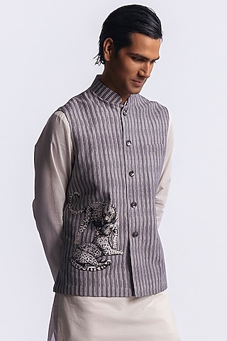 Grey Linen Digital Printed & Machine Embroidered Bundi Jacket by Balance by Rohit Bal Men