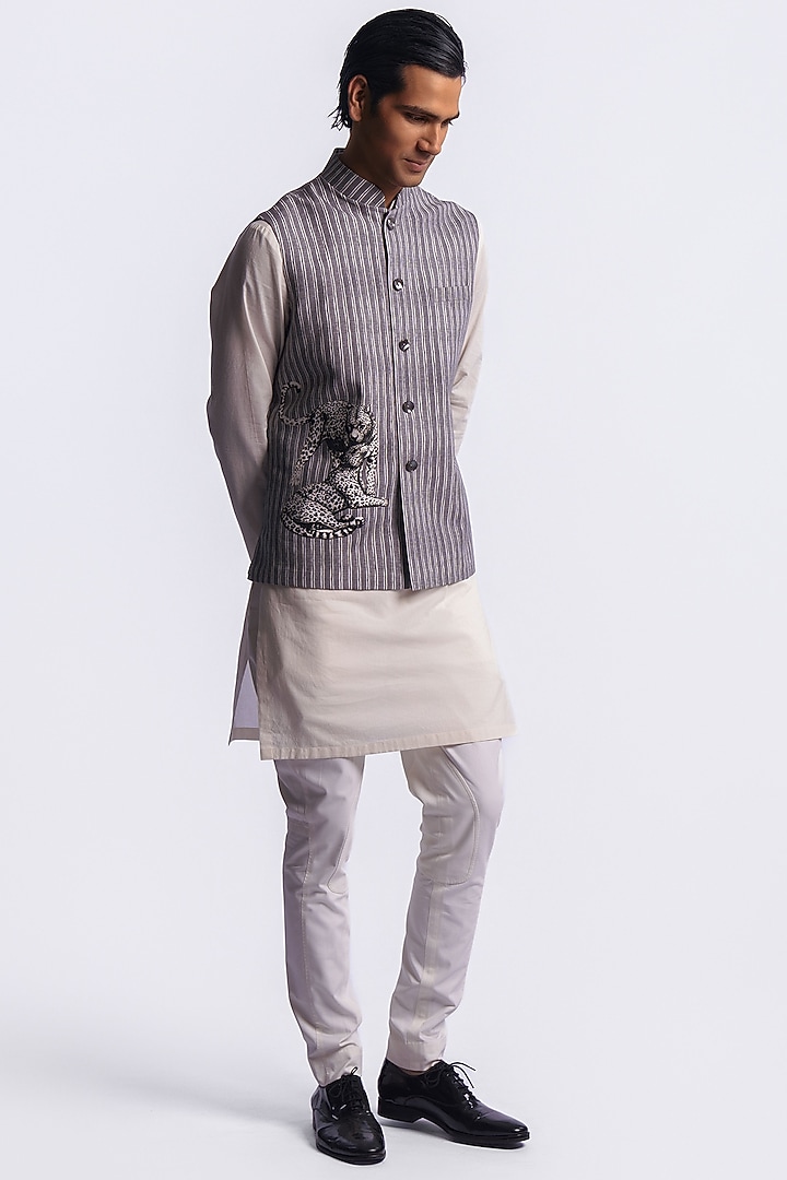 Grey Linen Digital Printed & Machine Embroidered Bundi Jacket by Balance by Rohit Bal Men at Pernia's Pop Up Shop