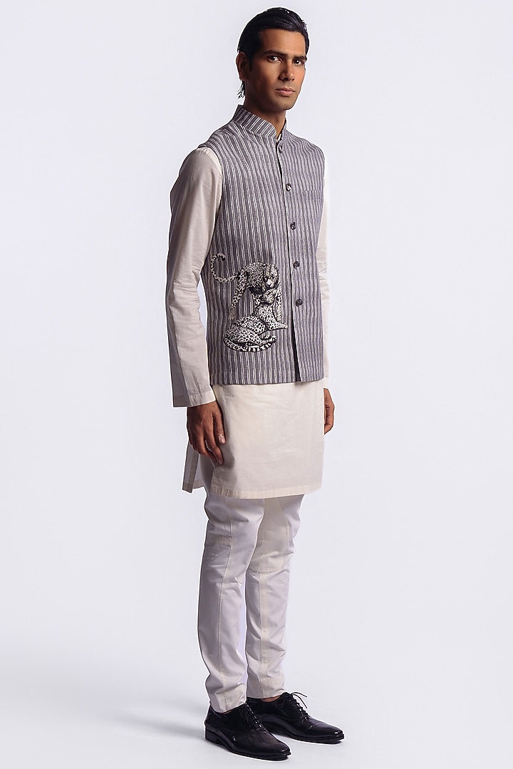 Grey Linen Digital Printed & Machine Embroidered Bundi Jacket by Balance by Rohit Bal Men at Pernia's Pop Up Shop