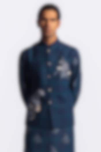 Blue Linen Digital Printed & Machine Embroidered Bundi Jacket by Balance by Rohit Bal Men at Pernia's Pop Up Shop