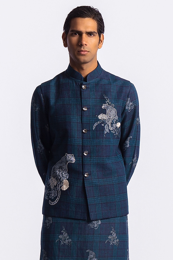Blue Linen Digital Printed & Machine Embroidered Bundi Jacket by Balance by Rohit Bal Men at Pernia's Pop Up Shop