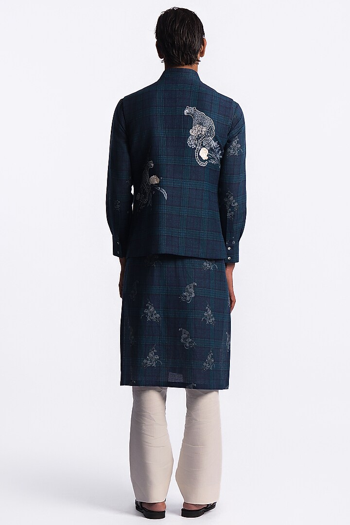 Blue Linen Digital Printed & Machine Embroidered Bundi Jacket by Balance by Rohit Bal Men at Pernia's Pop Up Shop