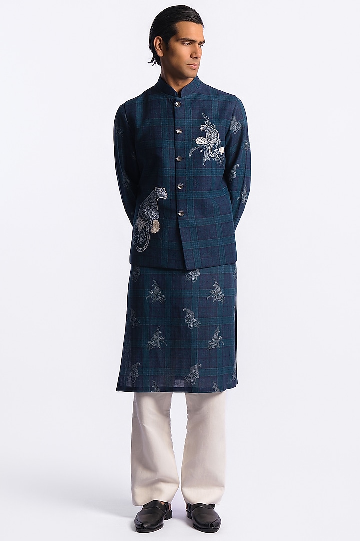 Blue Linen Digital Printed & Machine Embroidered Bundi Jacket by Balance by Rohit Bal Men at Pernia's Pop Up Shop