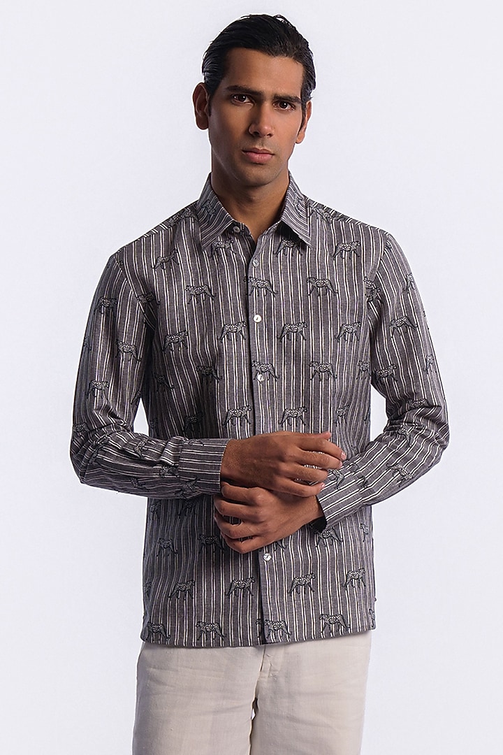 Grey Linen Digital Printed Party Wear Shirt by Balance by Rohit Bal Men at Pernia's Pop Up Shop