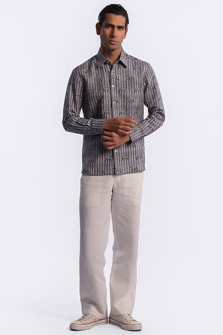 Grey Linen Digital Printed Party Wear Shirt by Balance by Rohit Bal Men at Pernia's Pop Up Shop