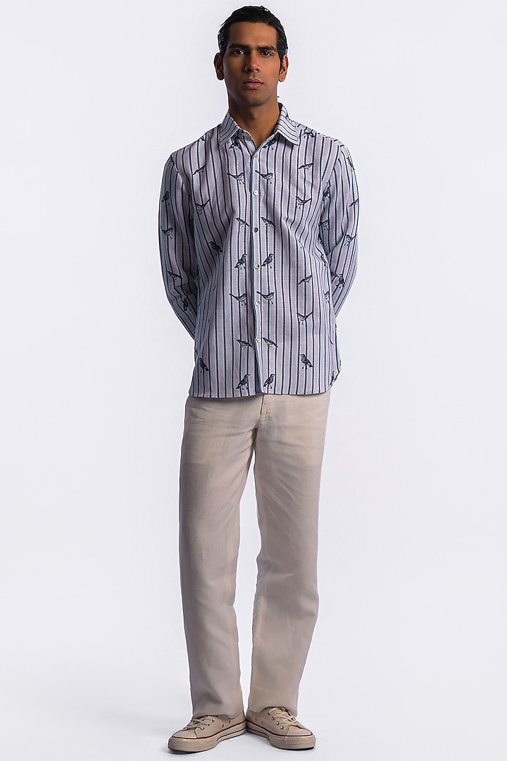 Blue Linen Digital Printed Party Wear Shirt by Balance by Rohit Bal Men at Pernia's Pop Up Shop