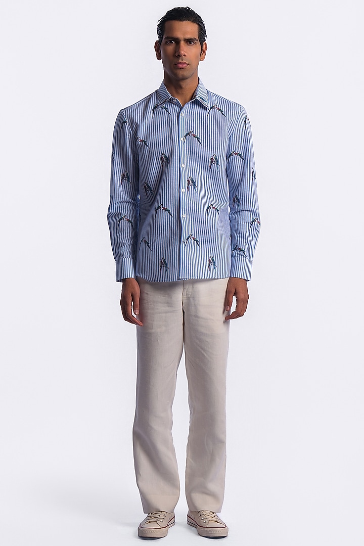 Blue Linen Digital Printed Party Wear Shirt by Balance by Rohit Bal Men at Pernia's Pop Up Shop