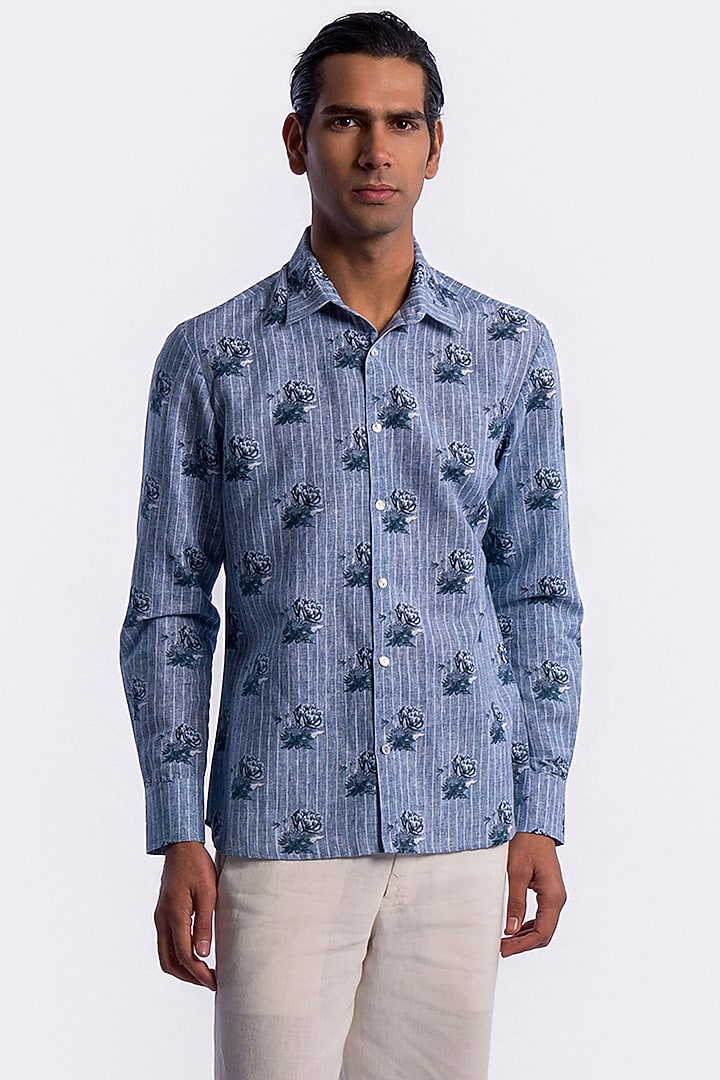 Blue Linen Digital Printed Party Wear Shirt by Balance by Rohit Bal Men at Pernia's Pop Up Shop
