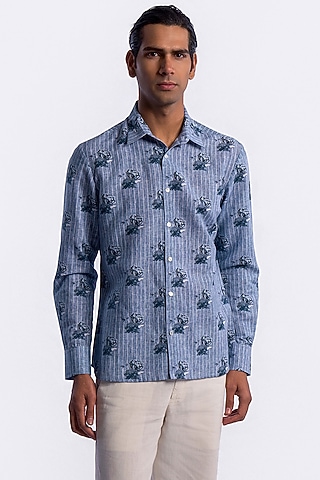Blue Linen Digital Printed Shirt by Balance by Rohit Bal Men