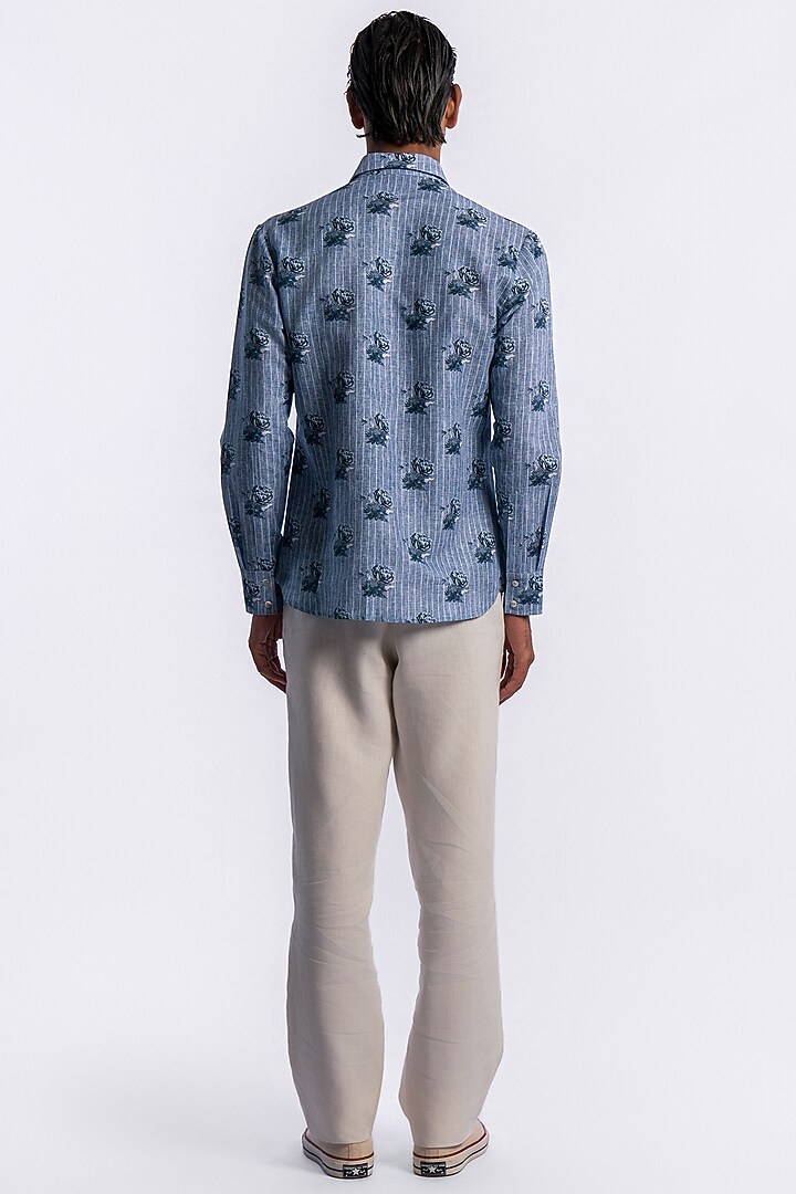 Blue Linen Digital Printed Party Wear Shirt by Balance by Rohit Bal Men at Pernia's Pop Up Shop