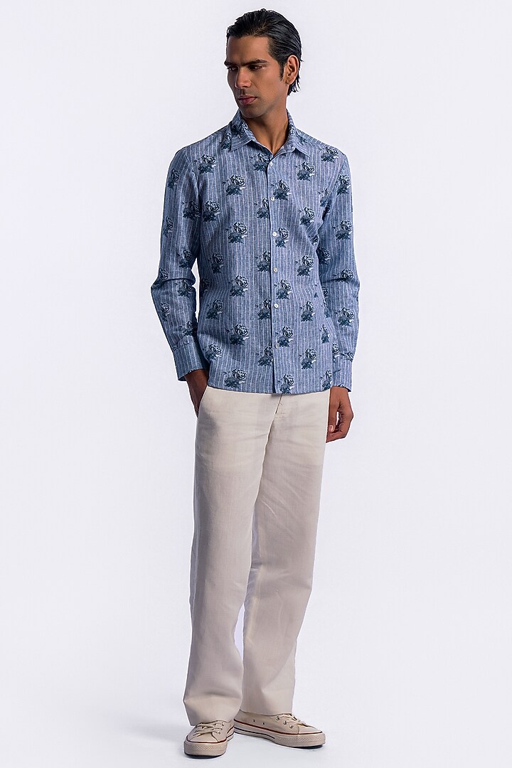 Blue Linen Digital Printed Party Wear Shirt by Balance by Rohit Bal Men at Pernia's Pop Up Shop