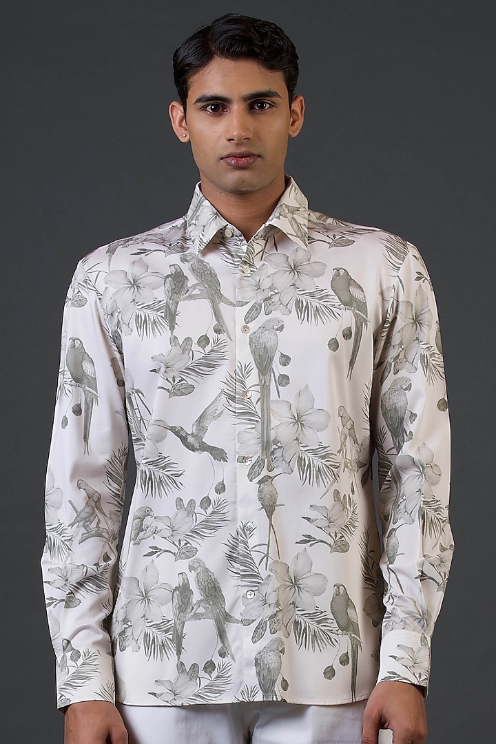 Ivory Poplin Satin Digital Printed Shirt by Balance by Rohit Bal Men