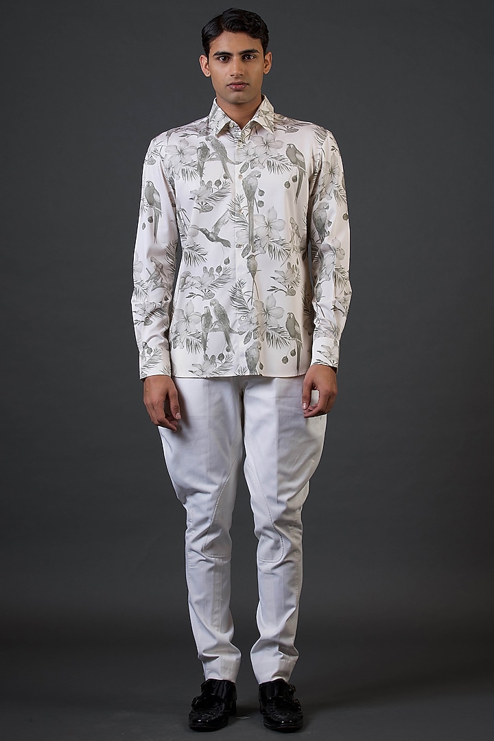 Ivory Poplin Satin Digital Printed Party Wear Shirt by Balance by Rohit Bal Men at Pernia's Pop Up Shop