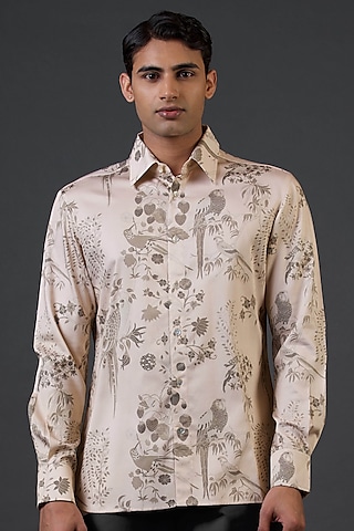 Beige Poplin Satin Digital Printed Shirt by Balance by Rohit Bal Men