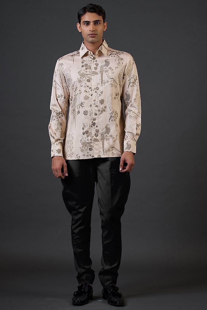 Beige Poplin Satin Digital Printed Party Wear Shirt by Balance by Rohit Bal Men at Pernia's Pop Up Shop