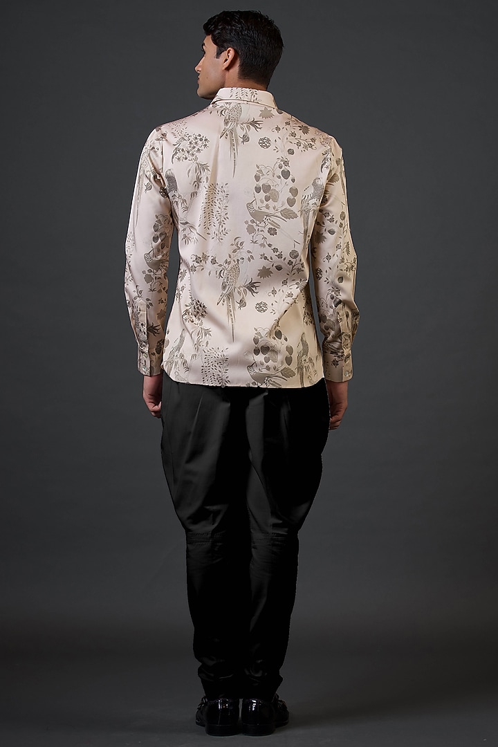 Beige Poplin Satin Digital Printed Party Wear Shirt by Balance by Rohit Bal Men at Pernia's Pop Up Shop