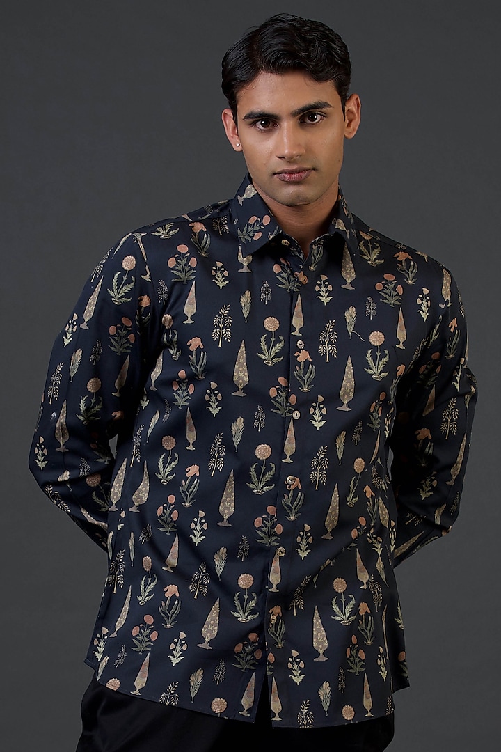 Black Poplin Satin Digital Printed Shirt by Balance by Rohit Bal Men