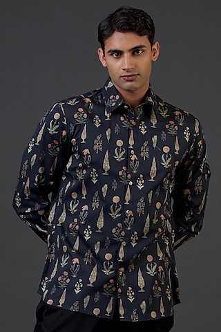 Black Poplin Satin Digital Printed Shirt by Balance by Rohit Bal Men