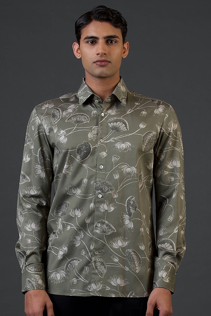 Pewter Poplin Satin Digital Printed Shirt by Balance by Rohit Bal Men