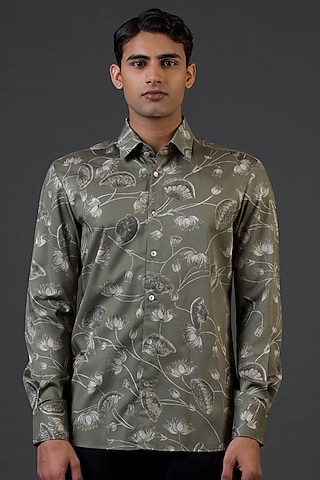 Pewter Poplin Satin Digital Printed Shirt by Balance by Rohit Bal Men