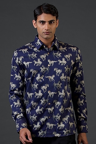 Indigo Poplin Satin Digital Printed Shirt by Balance by Rohit Bal Men
