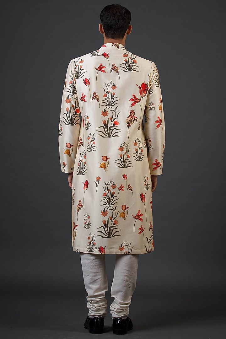 Ivory Chanderi Silk Floral Digital Printed Kurta Set by Balance by Rohit Bal Men at Pernia's Pop Up Shop