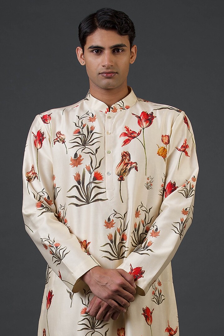 Ivory Chanderi Silk Floral Digital Printed Kurta Set by Balance by Rohit Bal Men at Pernia's Pop Up Shop