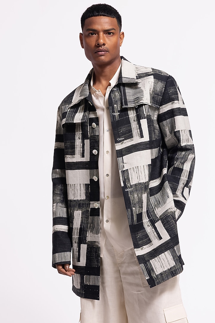 Ivory Linen Printed Jacket by Balance by Rohit Bal Men at Pernia's Pop Up Shop