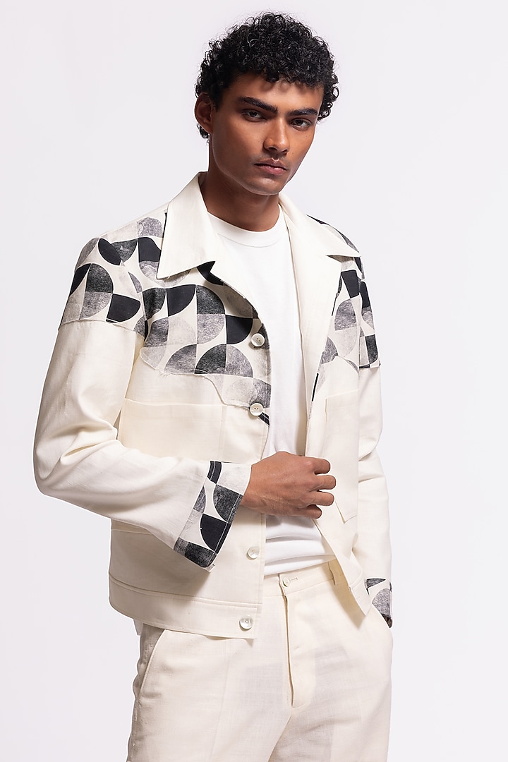 Ivory Linen Printed Jacket by Balance by Rohit Bal Men at Pernia's Pop Up Shop