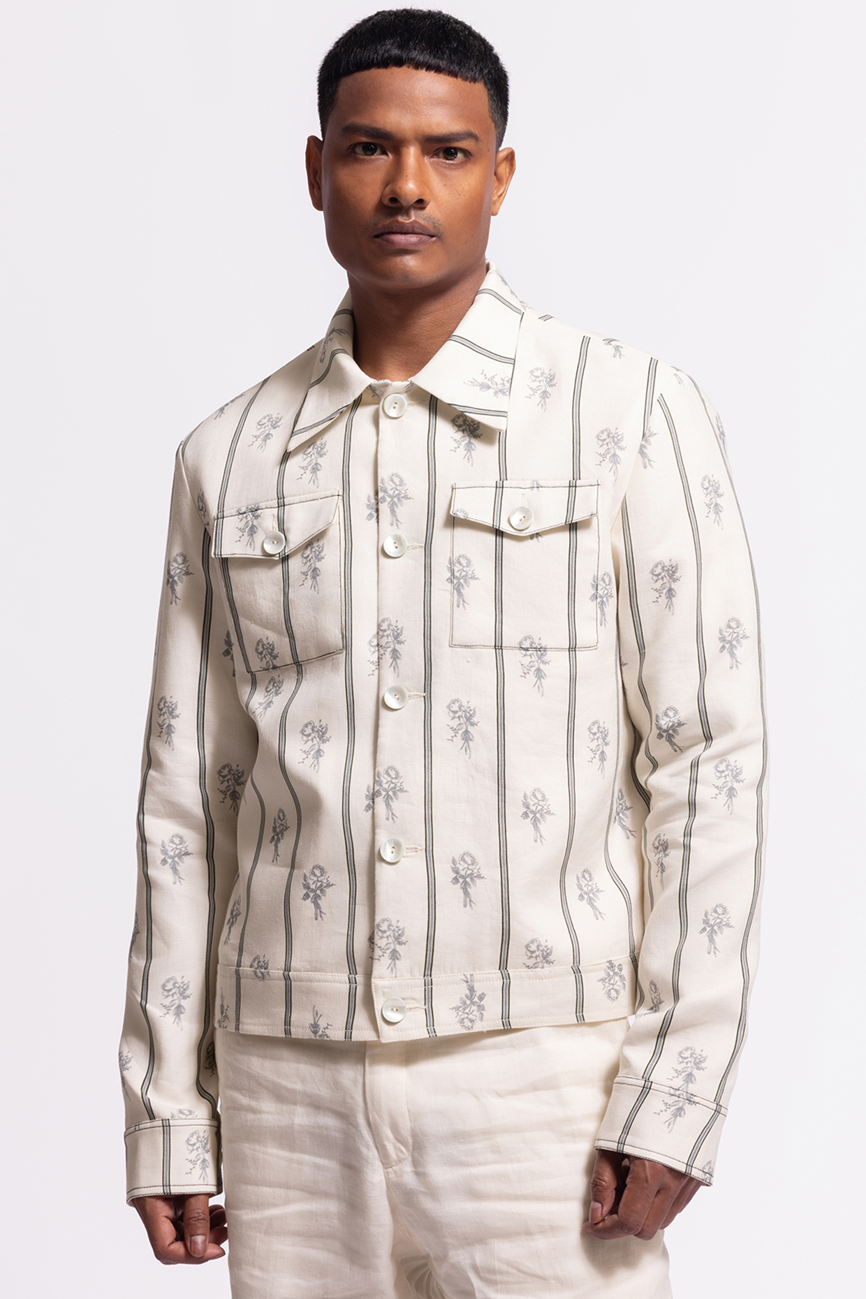 Ivory Linen Floral Printed Jacket by Balance by Rohit Bal Men