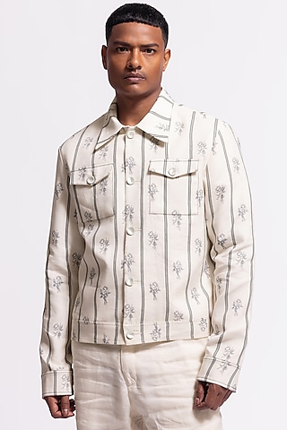 Ivory Linen Floral Printed Jacket by Balance by Rohit Bal Men