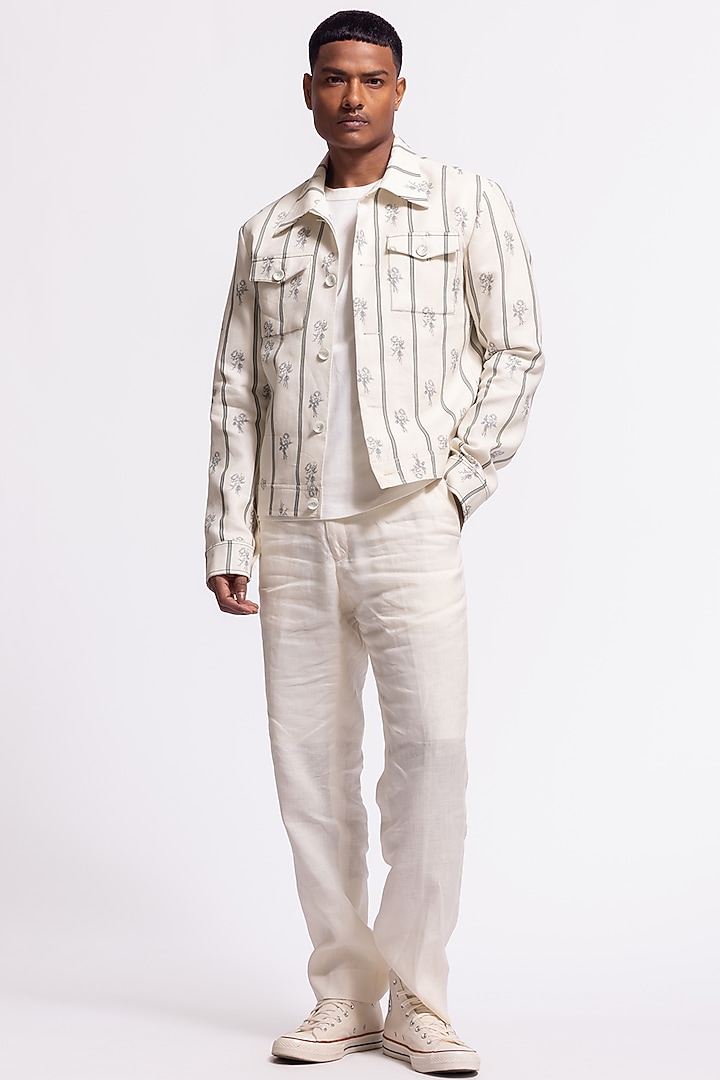 Ivory Linen Floral Printed Jacket by Balance by Rohit Bal Men at Pernia's Pop Up Shop