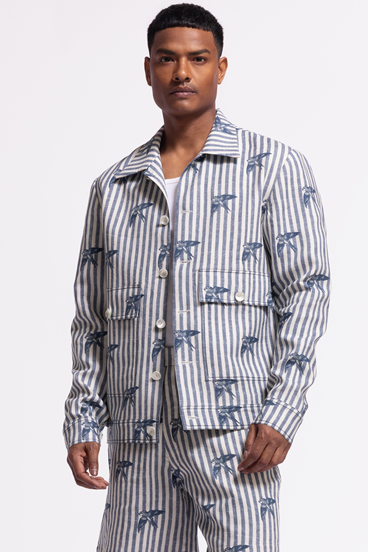 Ivory Linen Printed Jacket by Balance by Rohit Bal Men