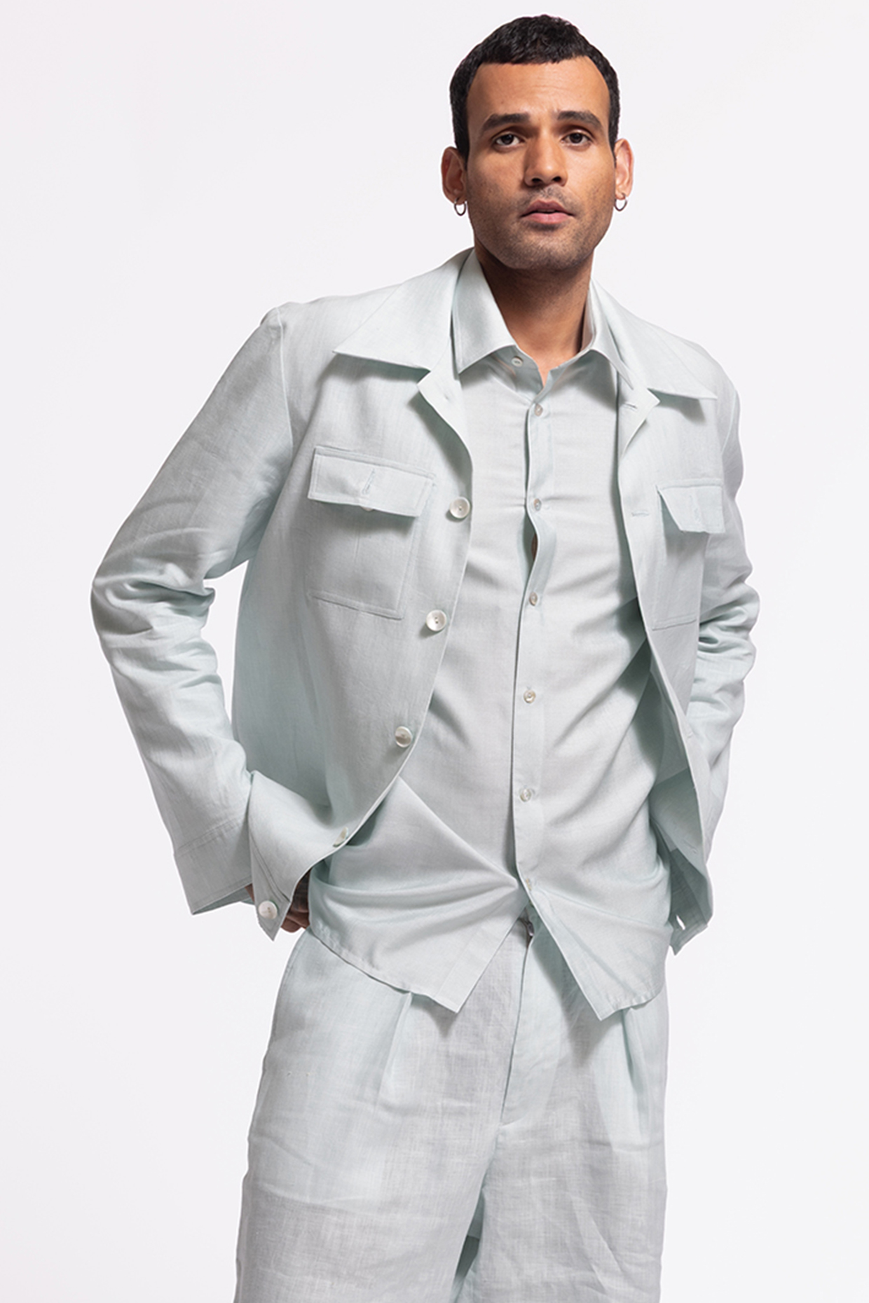Powder Blue Linen Jacket by Balance by Rohit Bal Men