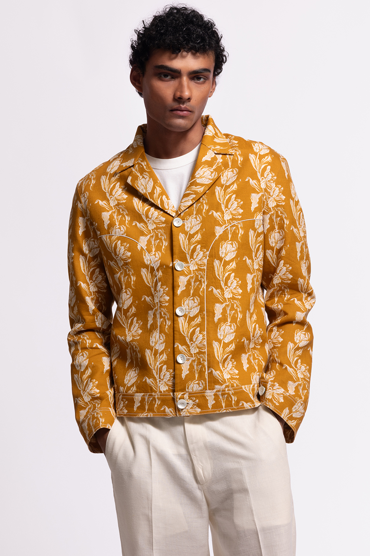 Mustard Linen Floral Printed Jacket by Balance by Rohit Bal Men