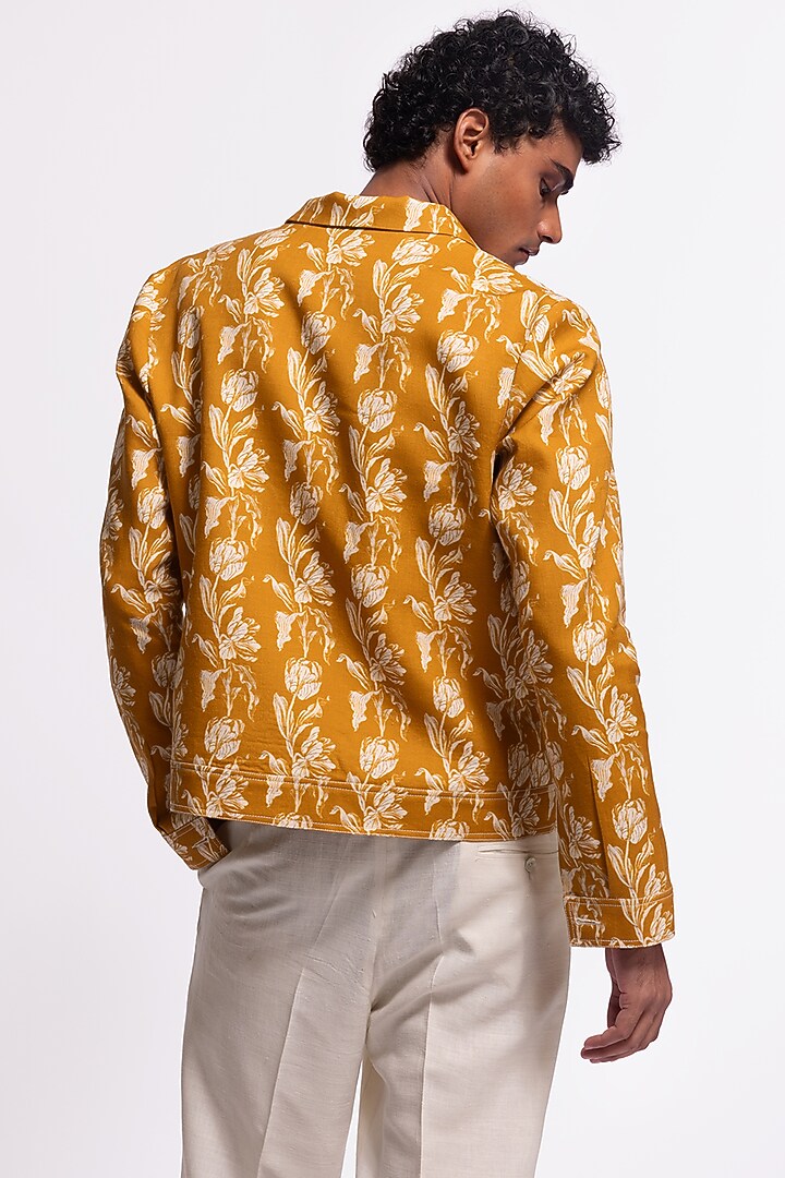 Mustard Linen Floral Printed Jacket by Balance by Rohit Bal Men at Pernia's Pop Up Shop