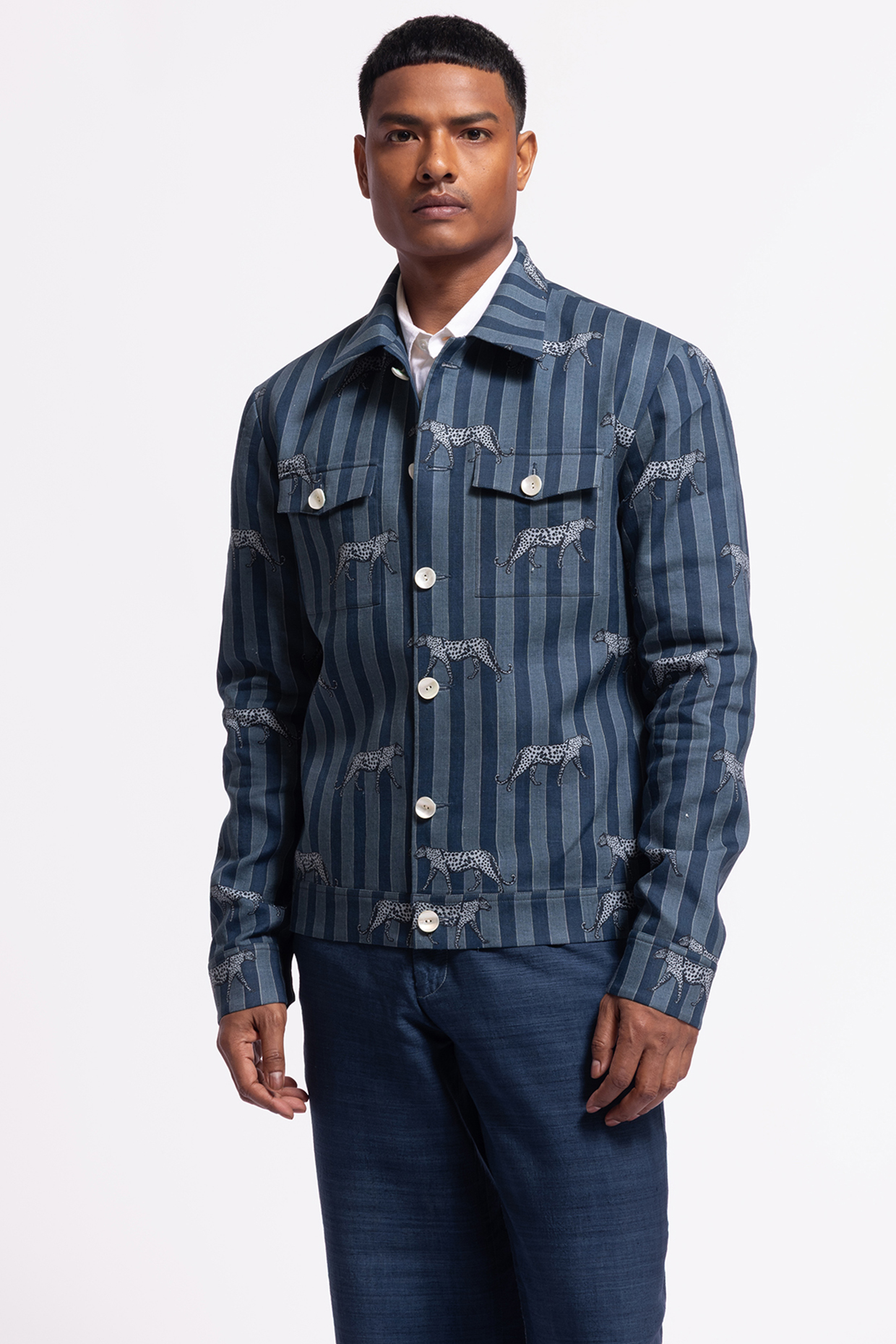 Blue Linen Printed Jacket by Balance by Rohit Bal Men