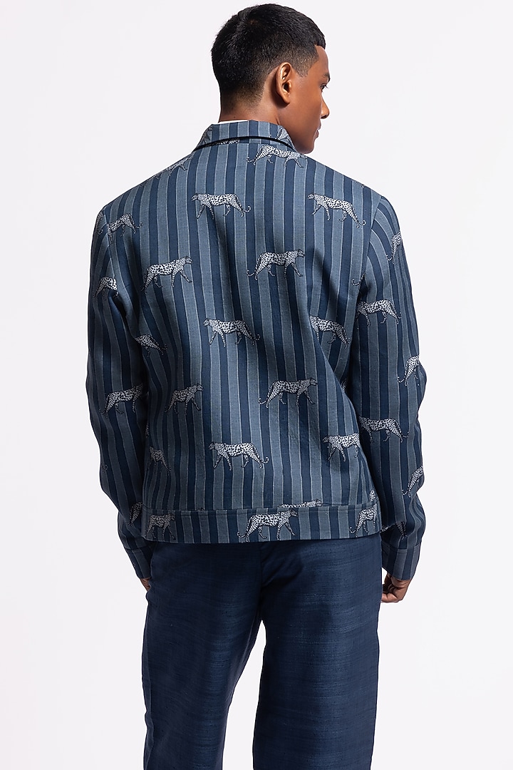 Blue Linen Printed Jacket by Balance by Rohit Bal Men at Pernia's Pop Up Shop
