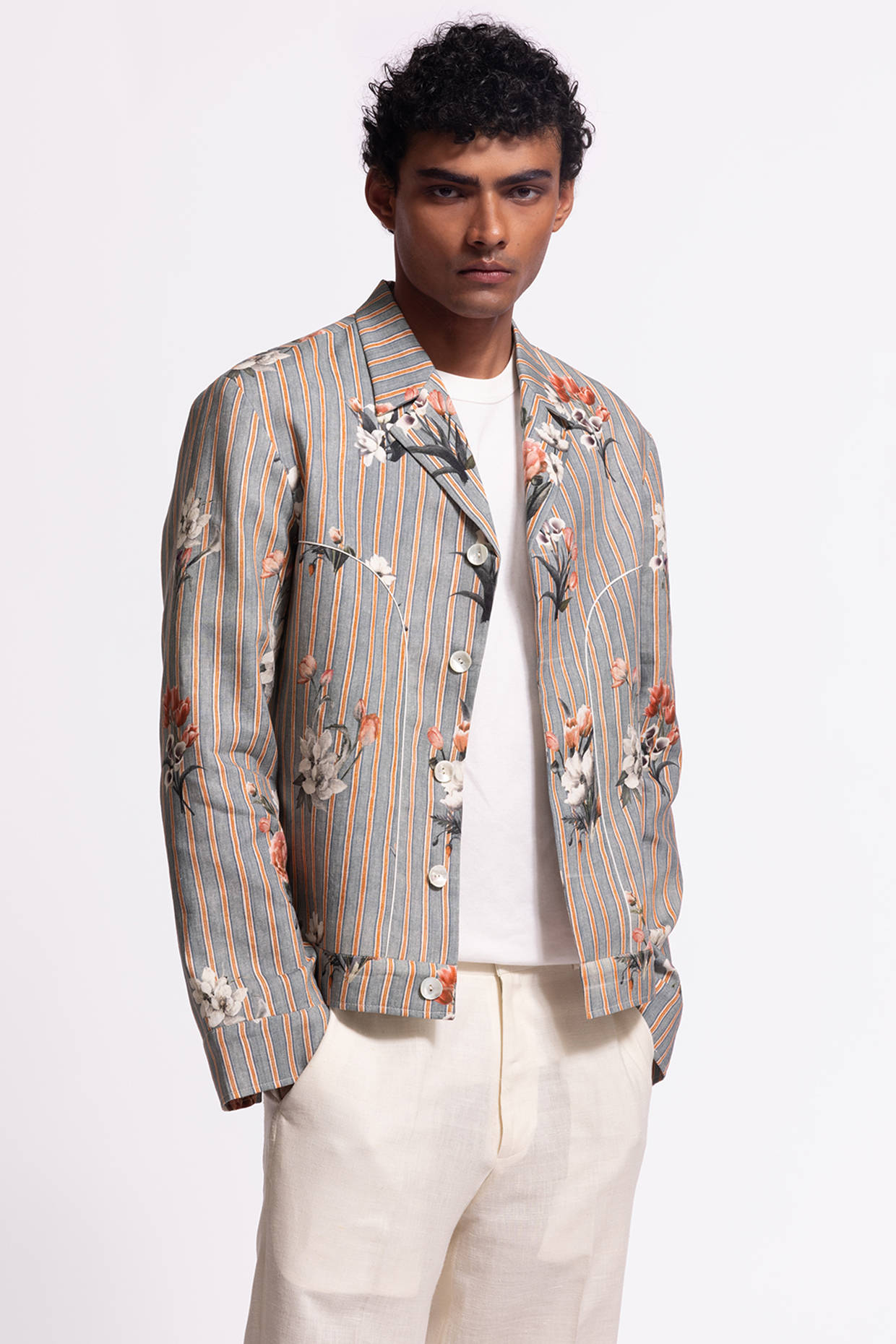 Grey Linen Floral Printed Jacket by Balance by Rohit Bal Men