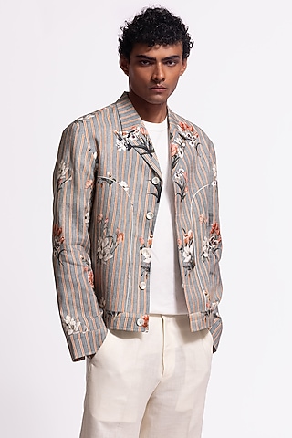 Grey Linen Floral Printed Jacket by Balance by Rohit Bal Men