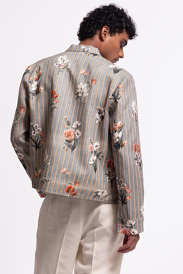 Grey Linen Floral Printed Jacket by Balance by Rohit Bal Men at Pernia's Pop Up Shop