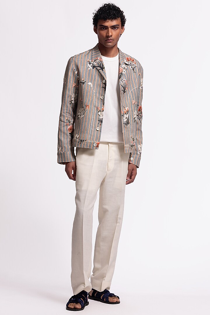 Grey Linen Floral Printed Jacket by Balance by Rohit Bal Men at Pernia's Pop Up Shop